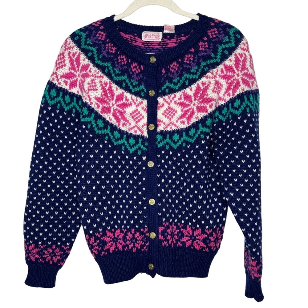 Vintage Ashley Womens Fair‎ Isle Knit Sweater Cardigan Cottagecore Grandmacore